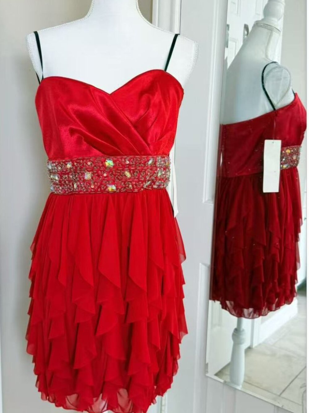 Tiered ruffled dress with heavily embellished jewel-encrusted waist belt Size 13